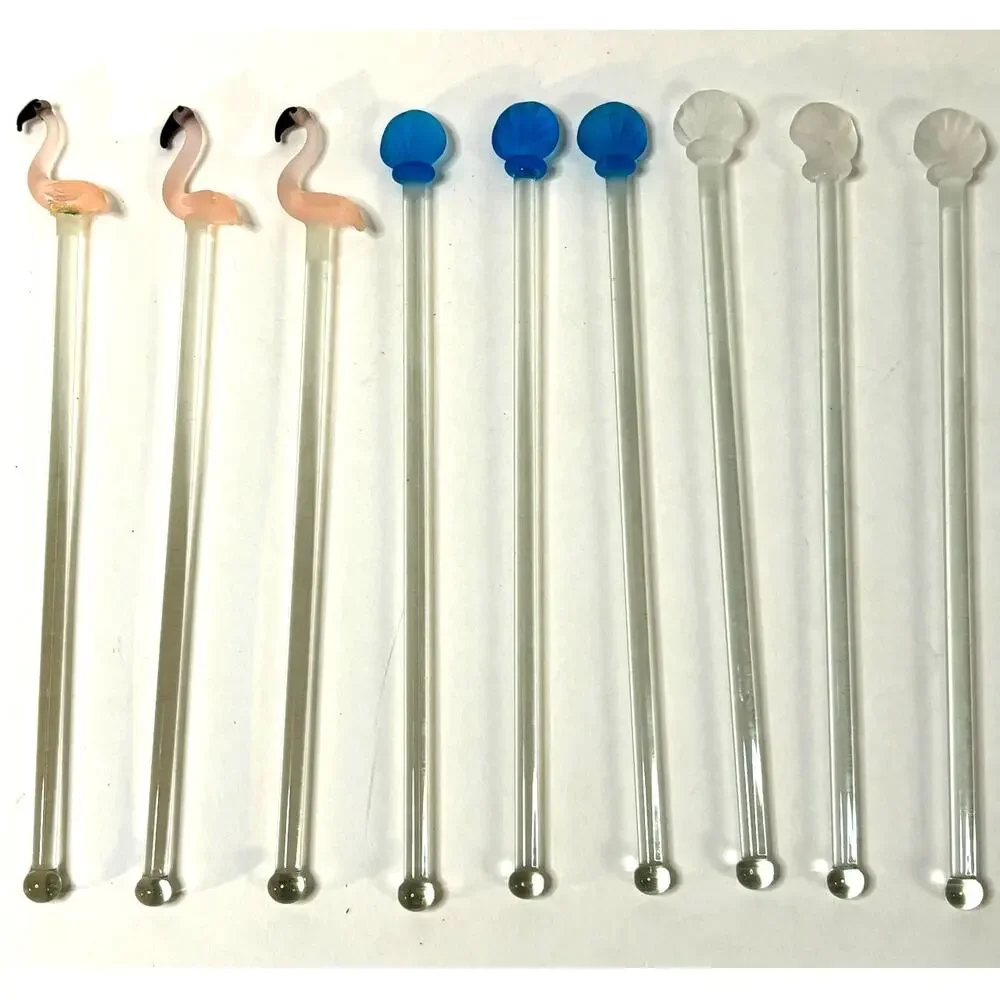Set of 9 Hand Blown Glass Swizzle Sticks Cocktails Beach Flamingo Seashell Vntg